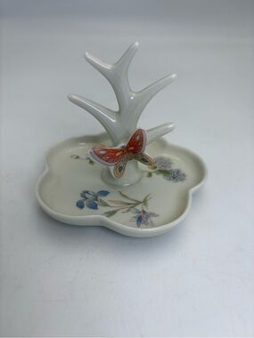 Vintage Porcelain Ring Holder Trinket Dish with Charming Butterfly Detail
